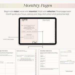 May include: Digital planner with "Monthly Pages" title. The image shows a tablet displaying a digital planner with sections for vision, intention, and reflection. The planner includes daily pages and a vision board. The color scheme is soft pink and white.