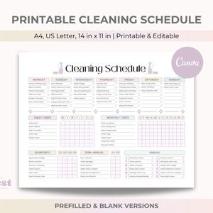 May include: A printable cleaning schedule with the text "Printable Cleaning Schedule" at the top. The schedule is designed for A4 and US Letter sizes, measuring 14 x 11 inches. It includes daily, monthly, quarterly, semi-annual, and annual tasks.