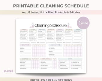 Könnte beinhalten: Ein druckbarer Reinigungsplan mit dem Text "Printable Cleaning Schedule" oben. Der Plan ist für die Formate A4 und US Letter konzipiert und misst 35,56 cm x 27,94 cm. Er enthält tägliche, monatliche, vierteljährliche, halbjährliche und jährliche Aufgaben.