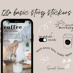 120+ Everyday Story Stickers, Basic Stories Vorlagen, Schwarzweiß-Aufkleber für Instagram, Blogger Story Templates, Kaffee, Gute Nacht