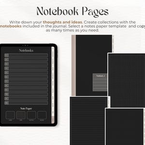 May include: A digital notebook app interface with 12 notebooks and a selection of note paper templates. The app has a black background with white text and icons. The note paper templates include lined, grid, dotted, and blank options.