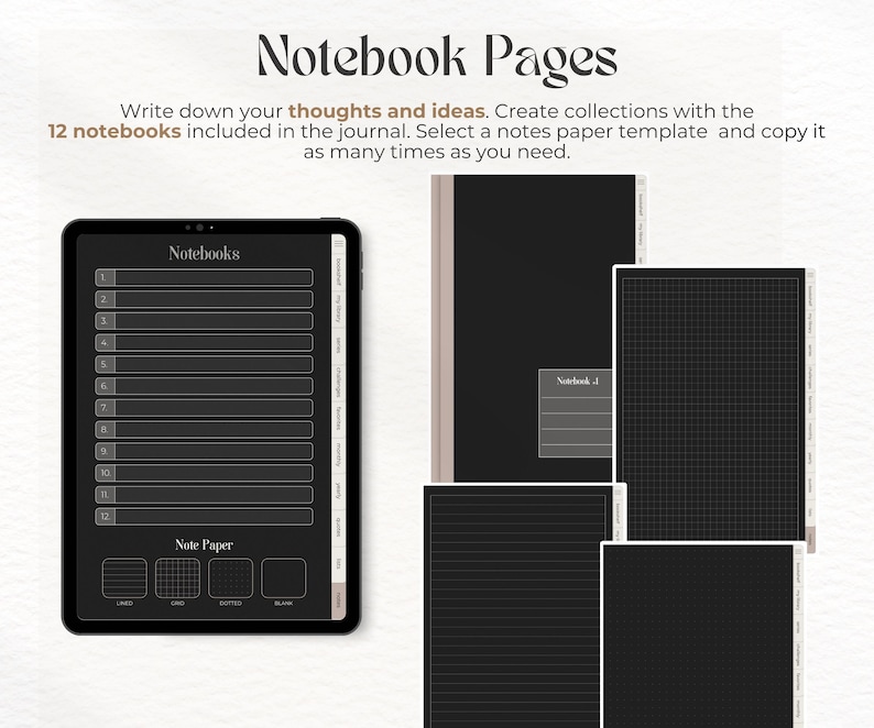 May include: A digital notebook app interface with 12 notebooks and a selection of note paper templates. The app has a black background with white text and icons. The note paper templates include lined, grid, dotted, and blank options.