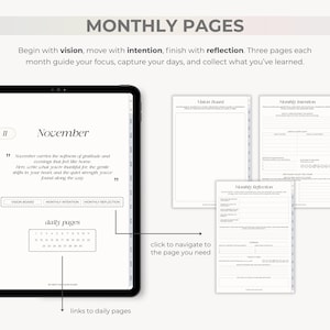 May include: Digital planner with monthly pages, including vision board, intention, and reflection sections. The tablet displays a November page with a calendar and inspirational text. Additional pages are shown for focus and goal setting.