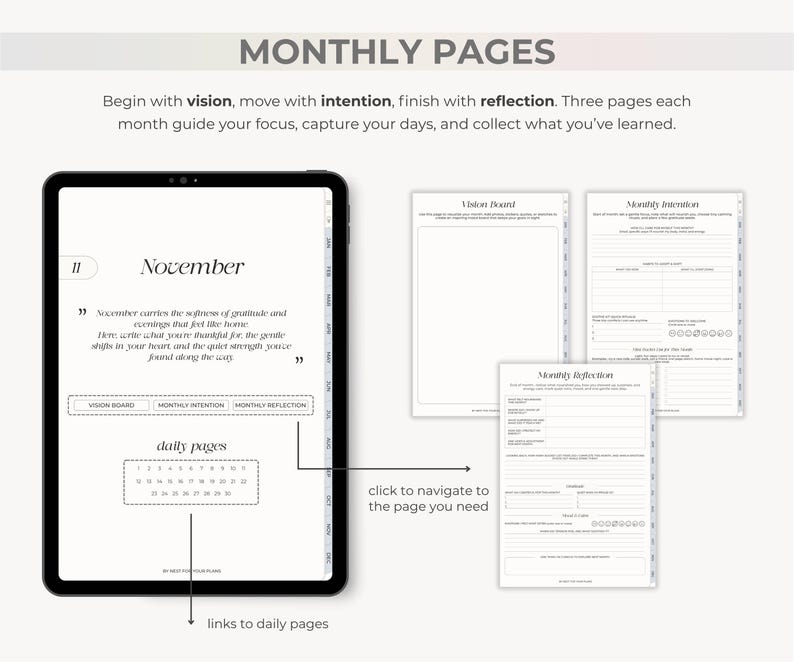 May include: Digital planner with monthly pages, including vision board, intention, and reflection sections. The tablet displays a November page with a calendar and inspirational text. Additional pages are shown for focus and goal setting.