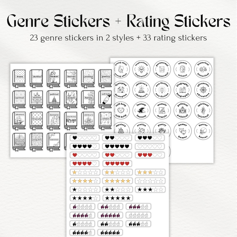 May include: A set of black and white book genre stickers and rating stickers. The genre stickers include categories like "fantasy", "mystery", "horror", and "romance". The rating stickers include hearts, stars, and thumbs up.