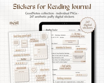 Digital Stickers for Reading Journal | Puffy Bookish GoodNotes Stickers | Widgets Tropes Genres | Cute Stickers for Bookworm | Notability