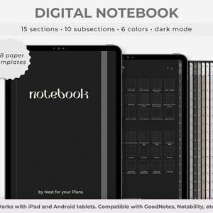 Op de afbeelding: Digitaal notitieboek met 15 secties, 10 subsecties en 6 kleuren. Het notitieboek heeft een donkere modus en 68 papiersjablonen. De cover toont het woord "notebook" in het wit. Compatibel met iPad- en Android-tablets.