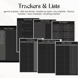 May include: A black and white printable book tracker with sections for genre, did not finish, books to read, wishlist, new releases, lending tracker, and library tracker.