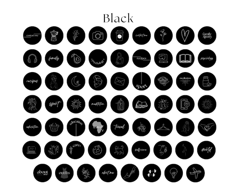 K&ouml;nnte beinhalten: Schwarz-wei&szlig;e Symbole f&uuml;r Social-Media-Highlights. Die Symbole umfassen ein Herz, eine Kaffeetasse, eine Kamera, ein Buch, eine Familie, eine Birne, eine Frau, einen Mond, eine Sonne, einen Vogelk&auml;fig, einen Einkaufskorb, einen Globus, einen Laptop, eine Pflanze, eine Katze, eine Gl&uuml;hbirne und ein Flugzeug.