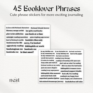 May include: A set of 45 black and white stickers with book-themed phrases. The stickers are printed on white paper and have a glossy finish. The phrases include "in love with fictional characters", "literary escape artist", "fictional friends forever", "hot girls read books", "one book at a time", "plot twist addiction", "midnight reading marathon", "spine-tingling page-turner", "lost in fictional worlds", "bookish vibes only", "bookworm for life", "sorry, I'm booked", "aggressively reading", "bibliophile at work", "bookstagram rec", "booktok rec", "booktube rec", "is that smut?", "in my thriller era", "in my dystopian era", "the book was better", "in my romantasy era", "in my fantasy era", "lost in the pages", "in my romance era", "the book was better", "words have power", "reading is my therapy", "I'd rather be reading", "keep calm and read on", "reading is dreaming with open eyes", "fictional worlds are my reality", "don't ask me what I'm reading", "just one more chapter", "life's too short for bad books", "reading is my superpower", "bibliophile's treasure trove", "bibliophilic bliss moments", "emotional support kindle", "anti-social book club", "fuck off, I'm reading", "paperback passion ignites", "reading is my happy hour", "ink-stained dreamscape journey", "book dragon, not a bookworm", "bookshelves tell tales".