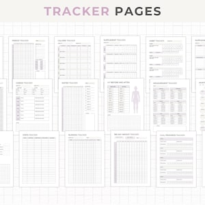 May include: A set of printable tracker pages for fitness and wellness goals. The pages include trackers for periods, calories, supplements, habits, cardio, water, measurements, steps, running, weight, goal progress, and mood.