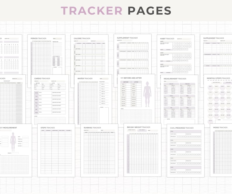 May include: A set of printable tracker pages for fitness and wellness goals. The pages include trackers for periods, calories, supplements, habits, cardio, water, measurements, steps, running, weight, goal progress, and mood.