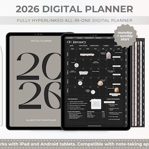 May include: A digital planner for 2026 displayed on a tablet, featuring a black and gray design. The planner includes a calendar view for January, with sections for goals, vision board, and habit tracking. The text "2026 DIGITAL PLANNER" is at the top.