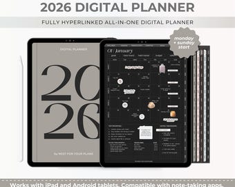 2026 All-in-One Digital Planner Dark Mode, ADHD GoodNotes Planner, Monday & Sunday Start, Monthly Weekly Daily Plan, Android Planner
