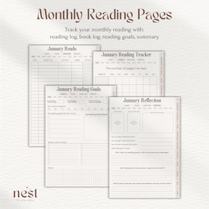 May include: A printable reading tracker with a beige background. The tracker includes sections for January reads, reading goals, and a reflection on the month. The tracker includes sections for tracking the number of pages read, books read, and a mood board.