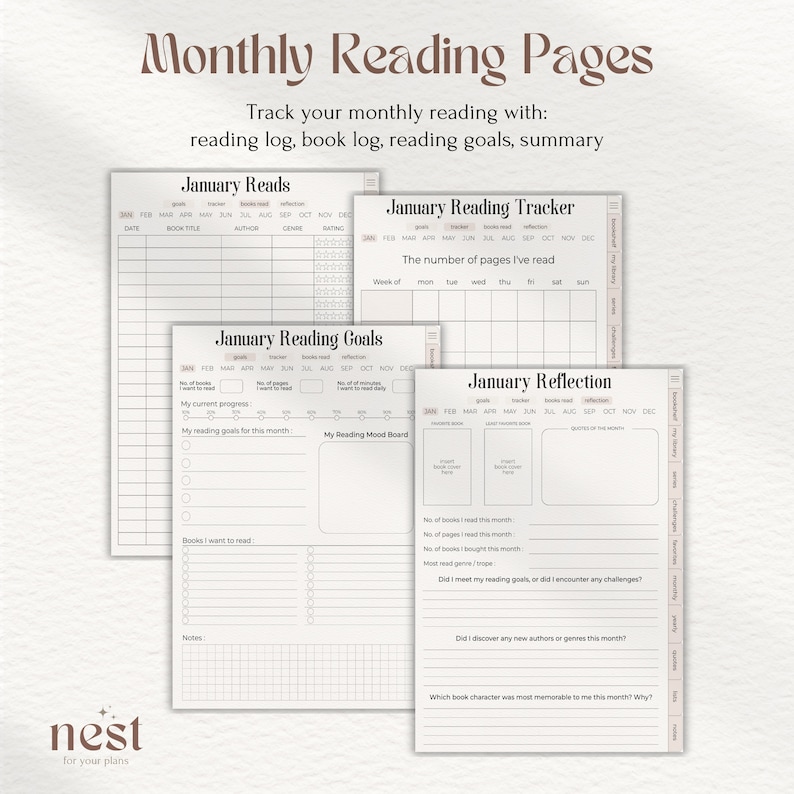 May include: A printable reading tracker with a beige background. The tracker includes sections for January reads, reading goals, and a reflection on the month. The tracker includes sections for tracking the number of pages read, books read, and a mood board.