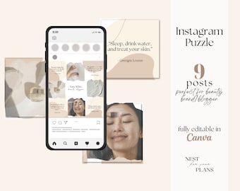 Instagram Puzzle Grid Template, bearbeitbar in Canva, Posts für Beauty Blogger, Beauty Brand Social Media Profil, Instagram Beige Zitate Posts