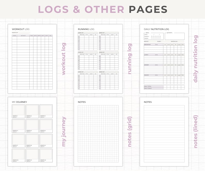 May include: Printable planner pages with a grid pattern, lined paper, and blank templates for workout, running, nutrition, and notes. The pages are labelled with the text "Workout Log", "Running Log", "Daily Nutrition Log", "My Journey", and "Notes".
