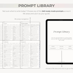 May include: A digital tablet displaying the words "Prompt Library" and a list of prompts across six life areas. The text reads, "Not sure what to write today? Choose any of the 240 ready-made prompts across 6 life areas and use it as your guide."