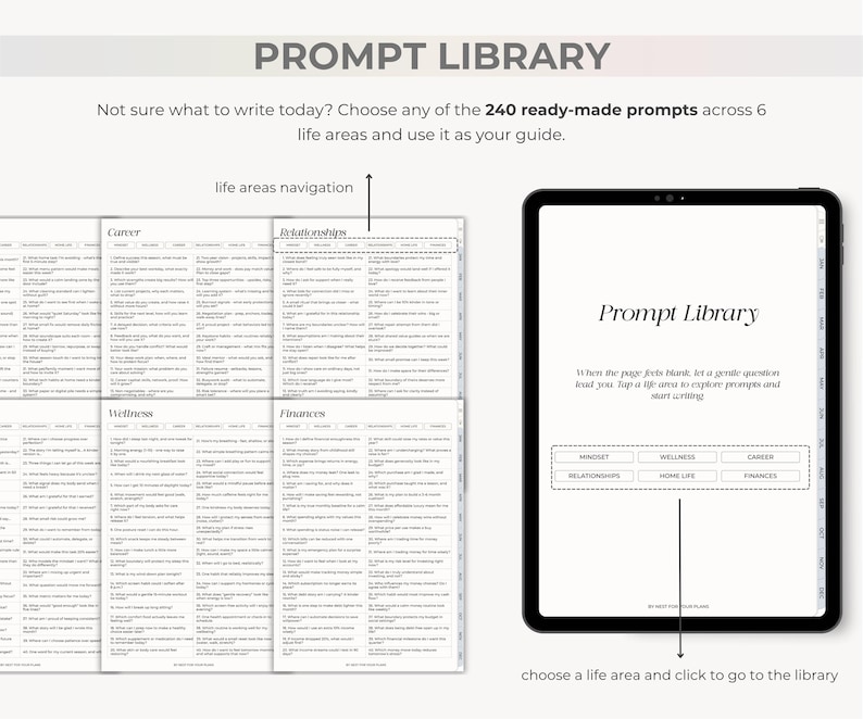 May include: A digital tablet displaying the words "Prompt Library" and a list of prompts across six life areas. The text reads, "Not sure what to write today? Choose any of the 240 ready-made prompts across 6 life areas and use it as your guide."