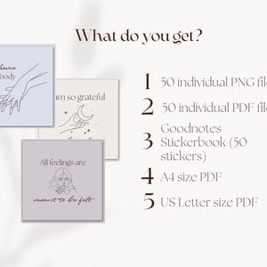 K&ouml;nnte beinhalten: Ein digitaler Download von 50 einzelnen Line-Art-Illustrationen im PNG- und PDF-Format. Die Illustrationen zeigen positive Affirmationen wie "Ich bin in meinem K&ouml;rper zu Hause" und "Alle Gef&uuml;hle sind dazu da, gef&uuml;hlt zu werden". Der Download enth&auml;lt au&szlig;erdem ein Goodnotes-Stickerbuch mit 50 Stickern und zwei PDF-Dateien im A4- und US-Letter-Format.