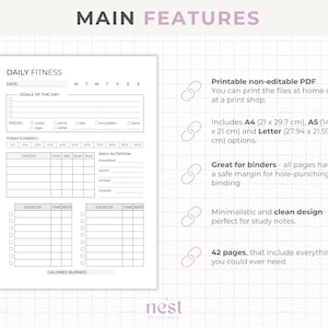 May include: A printable daily fitness planner with a minimalist design. The planner includes sections for goals, focus, energy levels, cardio, exercise, time, reps, and daily nutrition. The planner is available in A4 (21 x 29.7 cm), A5 (14.8 x 21 cm), and Letter (27.94 x 21.59 cm) sizes.