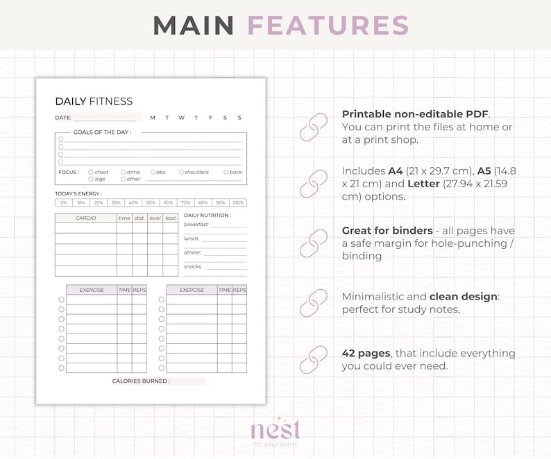 May include: A printable daily fitness planner with a minimalist design. The planner includes sections for goals, focus, energy levels, cardio, exercise, time, reps, and daily nutrition. The planner is available in A4 (21 x 29.7 cm), A5 (14.8 x 21 cm), and Letter (27.94 x 21.59 cm) sizes.