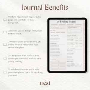 May include: A digital planner for tracking reading goals, with sections for favorite books, authors, quotes, and a mood board. The planner includes a yearly reading tracker, monthly reading goals, and lists for books to read. The planner has a light brown background with a white border.
