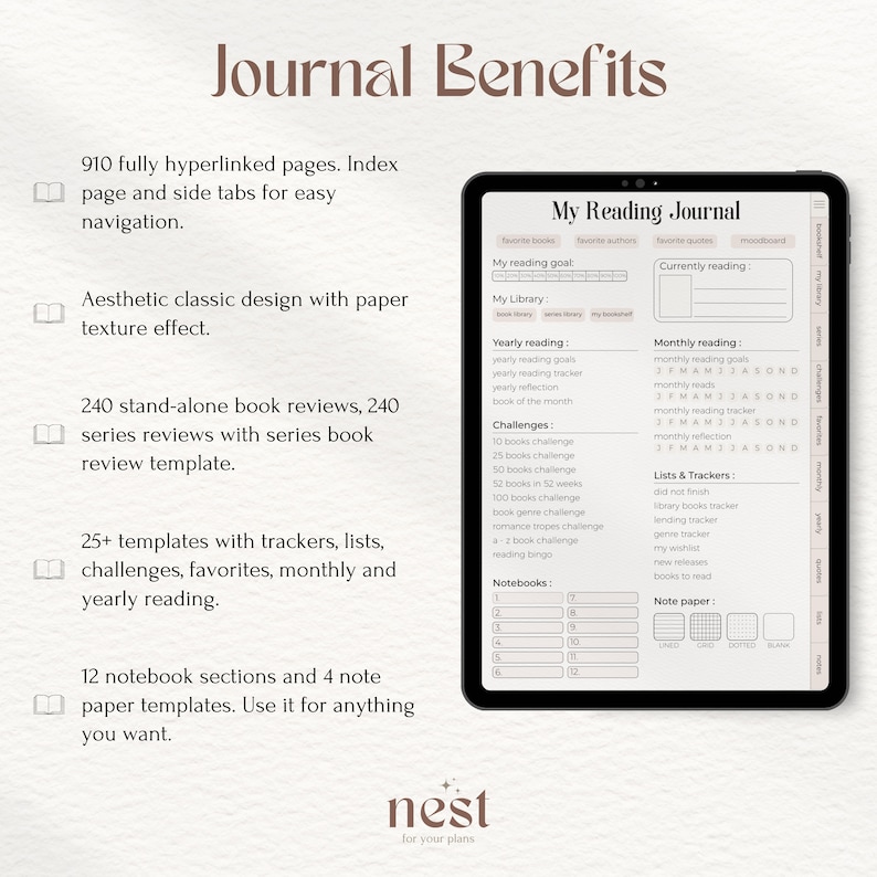 May include: A digital planner for tracking reading goals, with sections for favorite books, authors, quotes, and a mood board. The planner includes a yearly reading tracker, monthly reading goals, and lists for books to read. The planner has a light brown background with a white border.