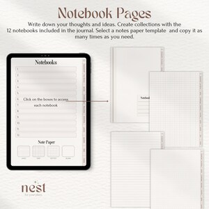 May include: A digital planner app interface with a list of 12 notebooks and a section for note paper templates. The note paper templates include lined, grid, dotted, and blank options. The app is called "nest for your plans".