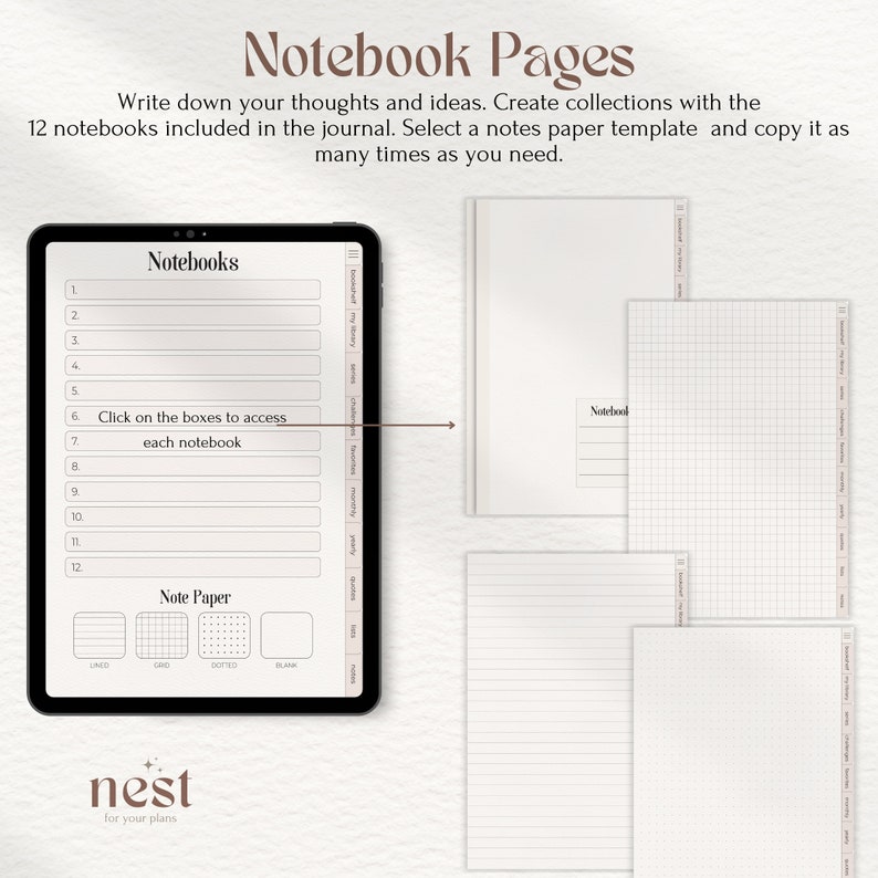 May include: A digital planner app interface with a list of 12 notebooks and a section for note paper templates. The note paper templates include lined, grid, dotted, and blank options. The app is called "nest for your plans".