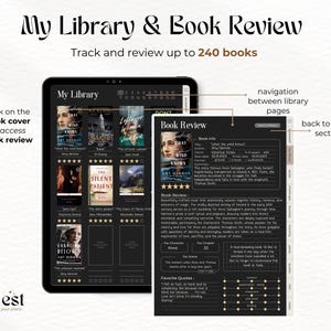 May include: A digital planner app interface with a black background and white text. The app is designed to help users track and review books. The app features a library section with book covers and a book review section with details about the book, including the title, author, genre, and rating. The app also includes a navigation bar to move between the library and review sections.