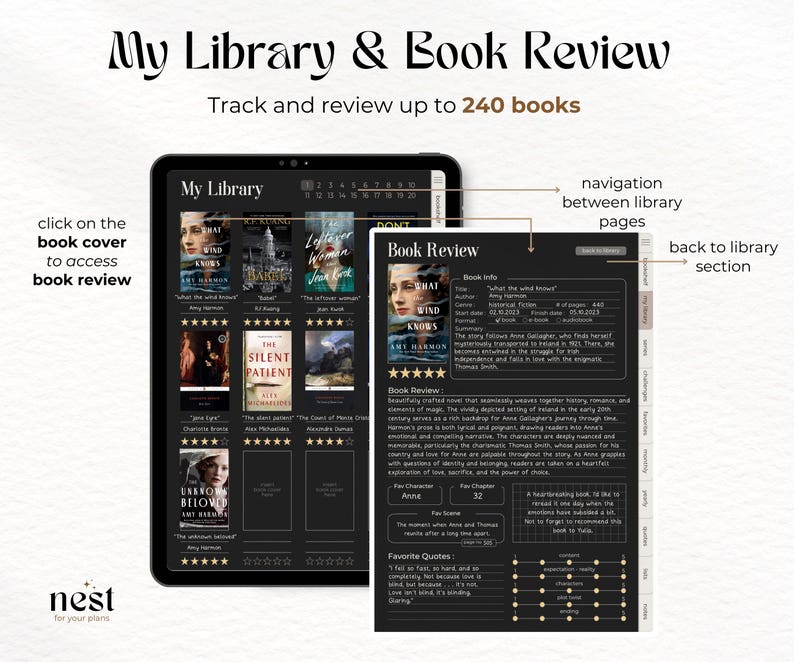 May include: A digital planner app interface with a black background and white text. The app is designed to help users track and review books. The app features a library section with book covers and a book review section with details about the book, including the title, author, genre, and rating. The app also includes a navigation bar to move between the library and review sections.