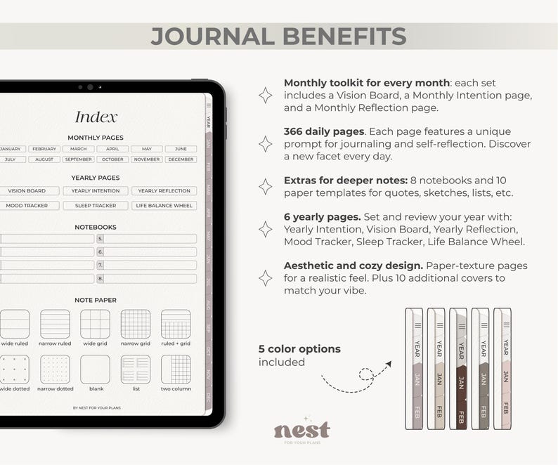 K&ouml;nnte beinhalten: Digitales Journal auf einem Tablet, mit Index, Monats- und Jahresseiten sowie Notizbuchoptionen. Das Journal enth&auml;lt ein Vision Board, einen Mood Tracker und einen Sleep Tracker. Das Bild zeigt auch f&uuml;nf Farboptionen f&uuml;r die Journal-Cover.