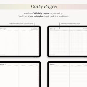 May include: Digital planner with four different journal styles: lined, grid, dot, and blank. The planner has 366 daily pages for journaling. The text "Daily Pages" is at the top. The text "January 1" is visible on the pages.