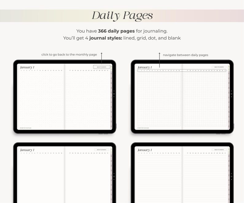 May include: Digital planner with four different journal styles: lined, grid, dot, and blank. The planner has 366 daily pages for journaling. The text "Daily Pages" is at the top. The text "January 1" is visible on the pages.