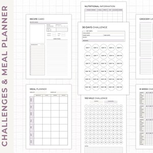 May include: Printable planner pages with a black and white design. The pages include a recipe card, meal planner, grocery list, 30-day challenge, 8-week challenge, and 100-mile challenge.