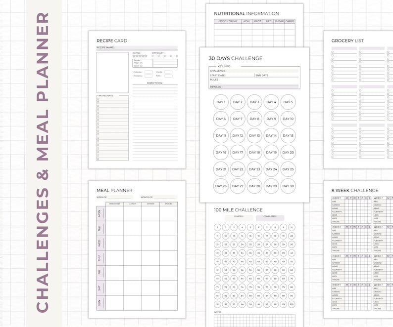 May include: Printable planner pages with a black and white design. The pages include a recipe card, meal planner, grocery list, 30-day challenge, 8-week challenge, and 100-mile challenge.