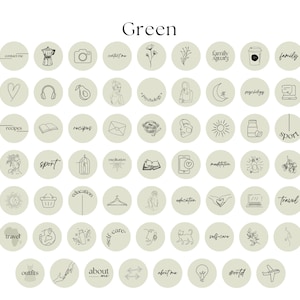 K&ouml;nnte beinhalten: Ein Satz von 36 gr&uuml;nen Kreissymbolen mit schwarzen Linienzeichnungen. Die Symbole stellen verschiedene Themen dar, wie Familie, Sport, Reisen, Bildung, Selbstpflege und mehr. Der Text "Green" erscheint oben im Bild.