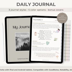 May include: A digital daily journal on a tablet, with the text "DAILY JOURNAL" at the top. The journal features a grayscale image of a mountain scene and the text "My Journal." The screen shows journal prompts. Includes a stylus.