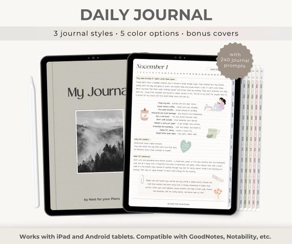 Digital Daily Journal with Prompts for iPad and Android. Undated Hyperlinked Diary for GoodNotes and other note-taking apps