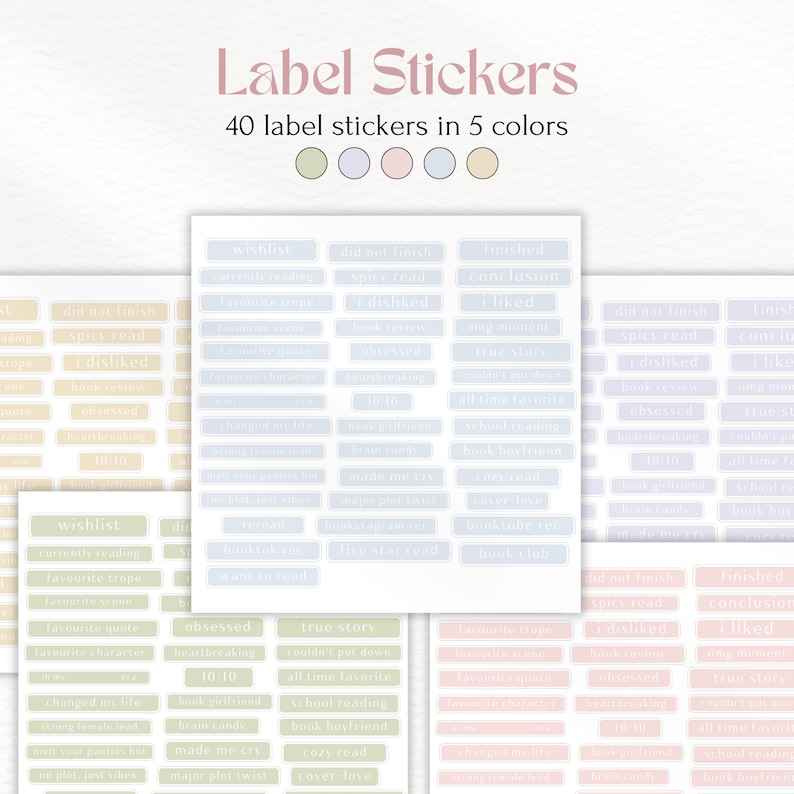 Pu&ograve; includere: Un set di 40 adesivi per etichette stampabili in cinque colori pastello. Gli adesivi presentano frasi legate ai libri come "lista dei desideri", "ossessionato", "storia vera", "non riuscivo a smettere", "preferito di tutti i tempi", "lettura scolastica", "fidanzato di libro", "lettura accogliente", "amore per la copertina", "non finito", "lettura piccante", "non mi &egrave; piaciuto", "recensione del libro", "ossessionato", "straziante", "10:10", "fidanzata di libro", "caramella per il cervello", "mi ha fatto piangere", "grande colpo di scena", "finito", "conclusione", "mi &egrave; piaciuto", "storia vera", "preferito di tutti i tempi", "lettura scolastica", "fidanzato di libro", "lettura accogliente", "club del libro", "non finito", "lettura piccante", "non mi &egrave; piaciuto", "recensione del libro", "ossessionato", "straziante", "10:10", "fidanzata di libro", "caramella per il cervello", "mi ha fatto piangere", "grande colpo di scena".