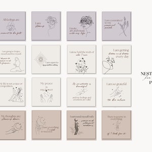 K&ouml;nnte beinhalten: Ein Satz von 12 druckbaren Affirmationskarten mit handgezeichneten Illustrationen und inspirierenden Zitaten. Die Karten sind beige und helllila mit schwarzem Text und Illustrationen. Die Karten zeigen Zitate wie "Ich bin stark", "Ich bin offen f&uuml;r M&ouml;glichkeiten", "Mein Frieden ist meine Kraft", und "Ich bin so dankbar, am Leben zu sein".