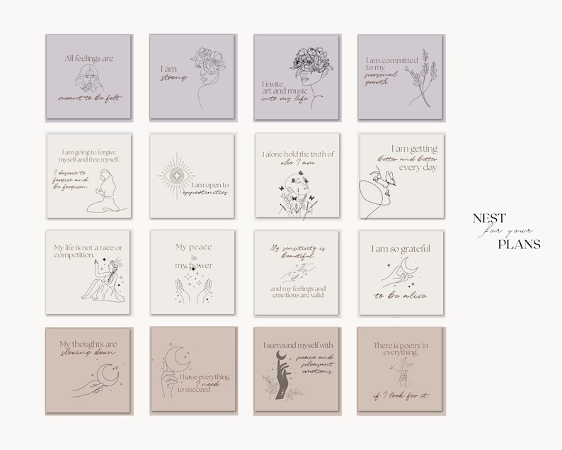 K&ouml;nnte beinhalten: Ein Satz von 12 druckbaren Affirmationskarten mit handgezeichneten Illustrationen und inspirierenden Zitaten. Die Karten sind beige und helllila mit schwarzem Text und Illustrationen. Die Karten zeigen Zitate wie "Ich bin stark", "Ich bin offen f&uuml;r M&ouml;glichkeiten", "Mein Frieden ist meine Kraft", und "Ich bin so dankbar, am Leben zu sein".