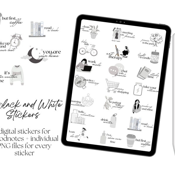 Black and White Digital Stickers, Goodnotes Stickerbook, Text and Image PNG stickers, Notability Motivational Stickers, Digital Planning