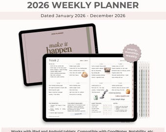 Agenda numérique hebdomadaire 2026, format paysage, agenda horizontal GoodNotes, agenda minimaliste daté avec liens hypertextes pour iPad, débutant le lundi et le dimanche