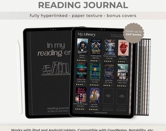 May include: A black digital reading journal with the text "READING JOURNAL" at the top. The journal displays book covers and has the text "In my reading er" on the cover. It holds up to 240 books and is compatible with iPad and Android tablets.