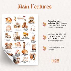 May include: A printable autumn bucket list with watercolor illustrations. The list includes activities like baking pumpkin pie, visiting a historical site, and making a fall playlist. The printable is available in A4 (8.27 x 11.69 inches), A5 (5.83 x 8.27 inches), and Letter (8.5 x 11 inches) sizes.
