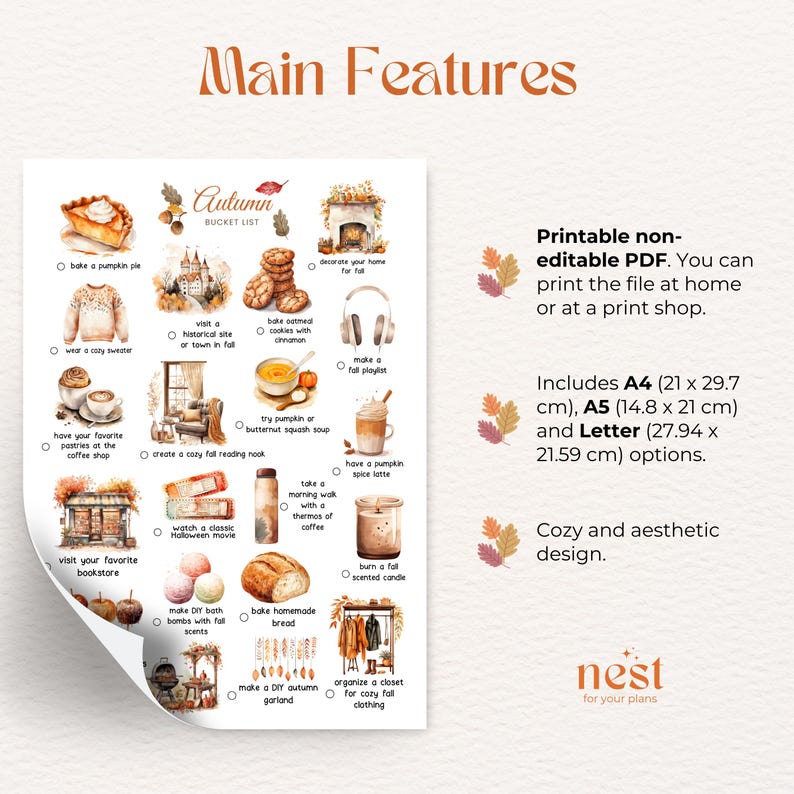 May include: A printable autumn bucket list with watercolor illustrations. The list includes activities like baking pumpkin pie, visiting a historical site, and making a fall playlist. The printable is available in A4 (8.27 x 11.69 inches), A5 (5.83 x 8.27 inches), and Letter (8.5 x 11 inches) sizes.