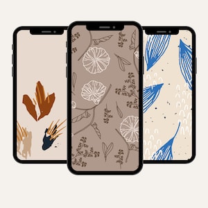 May include: Three different phone wallpapers with abstract floral designs. The first wallpaper features brown and orange abstract shapes on a beige background. The second wallpaper features a white floral pattern on a brown background. The third wallpaper features blue abstract shapes on a beige background.